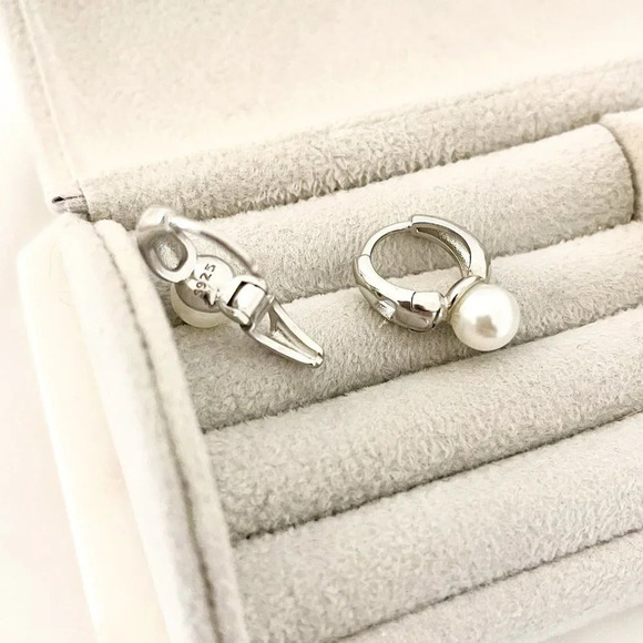 925 Sterling Silver Pearl Huggie Earrings Small Huggie Hoop Earrings - Picture 3 of 9